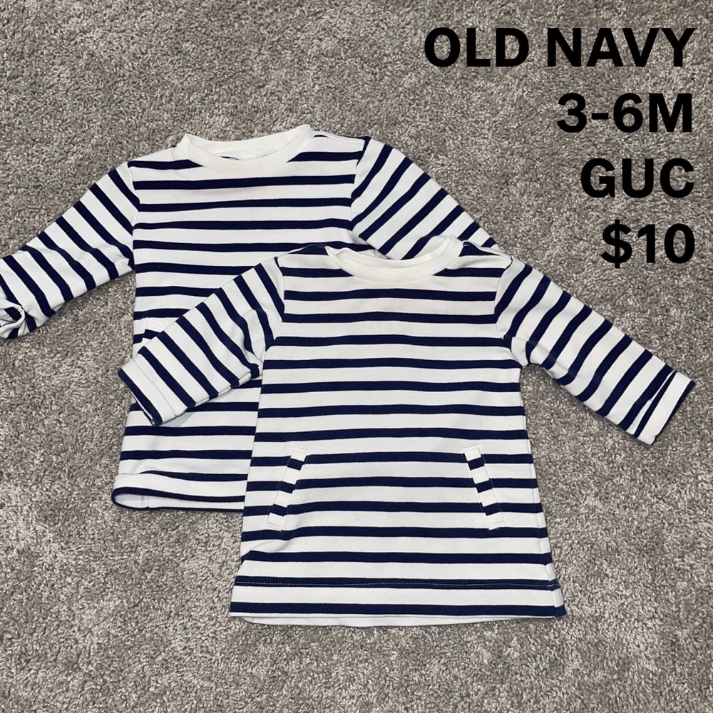 Twin girl matching striped navy and white dresses
